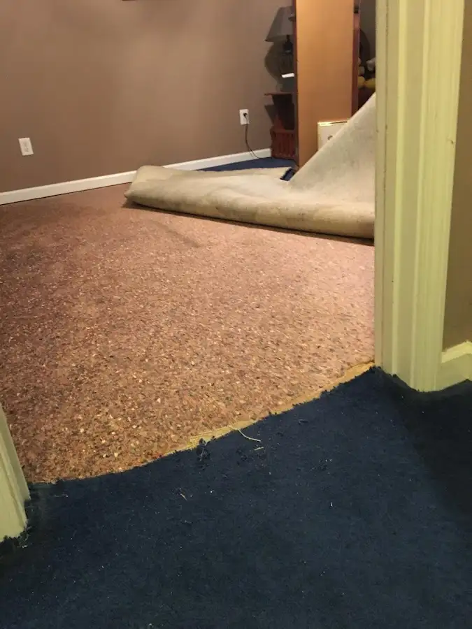 Carpet pad removal revealing water damage during Drying & Dehumidification in Crosspointe